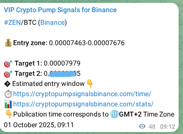 Crypto market signal proof: ZEN pump on Binance, 01 October 2025, 10:32