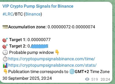 Crypto trading signal proof: LRC pump on Binance, 01 October 2025, 10:50