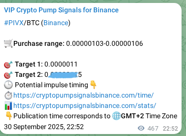 Authenticated PIVX pump signal on Binance, 01 October 2025, 11:50