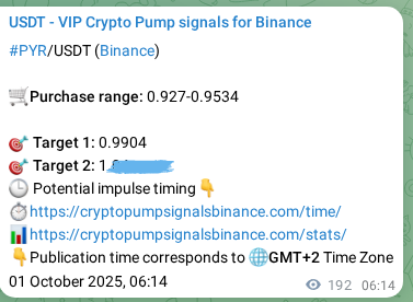 Trading signal proof: PYR pump from Binance, 01 October 2025, 11:50 Trading signal proof: PYR pump from Binance, 01 October 2025, 11:50