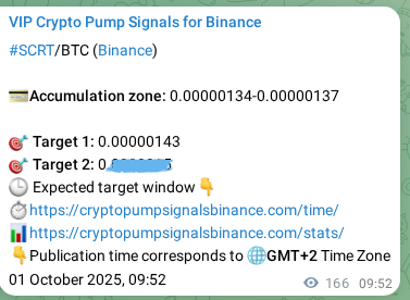 Market signal proof: SCRT pump from Binance, 01 October 2025, 14:30