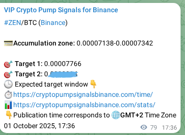 Authenticated proof of ZEN's pump signal on Binance, 01 October 2025, 19:49