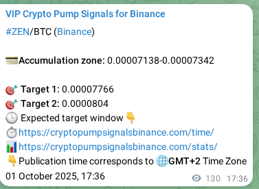 Binance pump signal confirmation for ZEN at 01 October 2025, 21:14