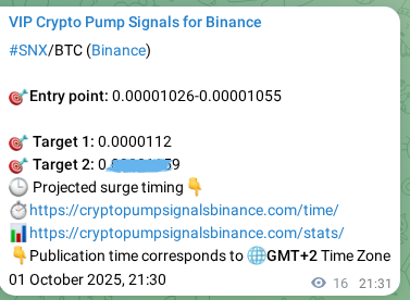 Crypto trading signal confirmation: SNX pump on Binance, 01 October 2025, 21:58