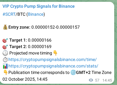 Explore the crypto trading signal verification for SCRT pump on Binance, 02 October 2025, 16:19 Crypto trading signal verification: SCRT pump on Binance, 02 October 2025, 16:19