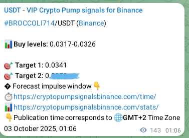 Crypto pump signal analytics for BROCCOLI714 on Binance, 03 October 2025, 05:05 Crypto pump signal analytics for BROCCOLI714 on Binance, 03 October 2025, 05:05