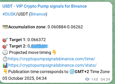 Explore the crypto trading signal verification for DUSK pump on Binance, 05 October 2025, 08:39 Crypto trading signal verification: DUSK pump on Binance, 05 October 2025, 08:39