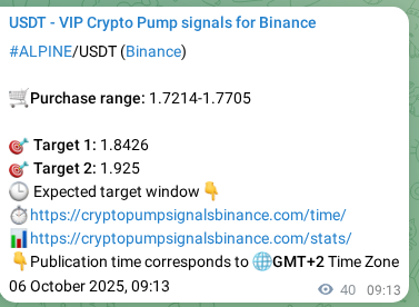 Explore the crypto trading signal verification for ALPINE pump on Binance, 06 October 2025, 10:21 Crypto trading signal verification: ALPINE pump on Binance, 06 October 2025, 10:21