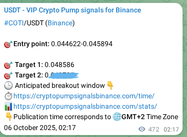 Confirm the crypto trading signal for COTI pump on Binance, 06 October 2025, 15:25 Crypto trading signal confirmation: COTI pump on Binance, 06 October 2025, 15:25