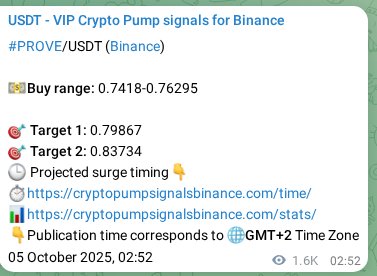 Crypto pump signal proof: Verify PROVE on Binance, 06 October 2025, 22:08 Crypto pump signal proof: PROVE on Binance, 06 October 2025, 22:08