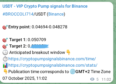 Discover the authenticated BROCCOLI714 pump signal on Binance, 07 October 2025, 11:11 Authenticated BROCCOLI714 pump signal on Binance, 07 October 2025, 11:11