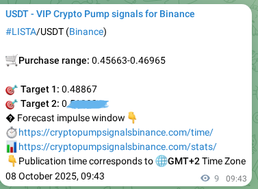 Crypto pump signal proof: Verify LISTA on Binance, 08 October 2025, 09:59 Crypto pump signal proof: LISTA on Binance, 08 October 2025, 09:59