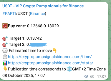 Access the Binance pump signal verification for PARTI at 08 October 2025, 18:46 Binance pump signal verification for PARTI at 08 October 2025, 18:46
