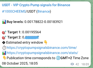 View the signal proof for 1000CHEEMS pump on Binance at 08 October 2025, 19:15 Signal proof for 1000CHEEMS pump on Binance at 08 October 2025, 19:15