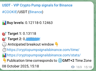 View the trading signal verification for COOKIE pump from Binance, 08 October 2025, 20:00 Trading signal verification: COOKIE pump from Binance, 08 October 2025, 20:00