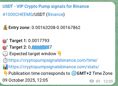 Learn about the 1000CHEEMS pump signal confirmation from Binance, 09 October 2025, 14:33 1000CHEEMS pump signal confirmation from Binance, timestamp: 09 October 2025, 14:33