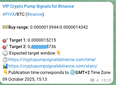 Crypto pump signal proof: Verify PIVX on Binance, 09 October 2025, 15:20 Crypto pump signal proof: PIVX on Binance, 09 October 2025, 15:20