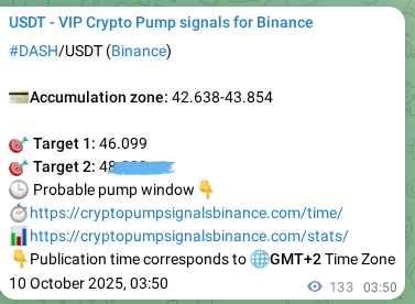 View the signal proof for DASH pump on Binance at 10 October 2025, 07:33 Signal proof for DASH pump on Binance at 10 October 2025, 07:33
