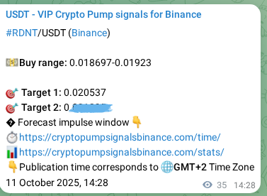 View the proof of RDNT pump signal on Binance at 11 October 2025, 15:26 Proof of RDNT pump signal on Binance at 11 October 2025, 15:26