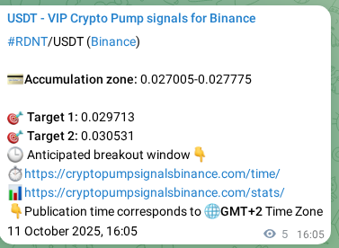Crypto pump signal proof: Verify RDNT on Binance, 11 October 2025, 16:14 Crypto pump signal proof: RDNT on Binance, 11 October 2025, 16:14