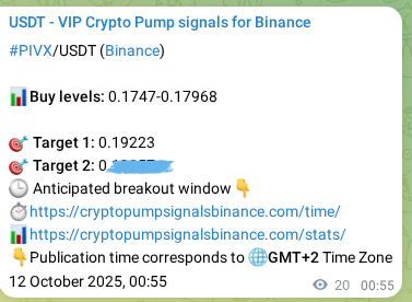 Crypto pump signal proof: Verify PIVX on Binance, 12 October 2025, 01:28 Crypto pump signal proof: PIVX on Binance, 12 October 2025, 01:28