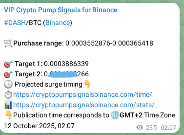 Trading signal proof: DASH pump from Binance, 12 October 2025, 08:39