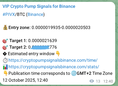 PIVX pump signal confirmation from Binance, timestamp: 12 October 2025, 13:02