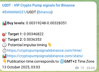 Crypto pump signal proof: Verify BANANAS31 on Binance, 13 October 2025, 05:08 Crypto pump signal proof: BANANAS31 on Binance, 13 October 2025, 05:08