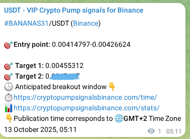 Binance trading signal proof for BANANAS31 pump, 13 October 2025, 05:13 Binance trading signal proof for BANANAS31 pump, 13 October 2025, 05:13