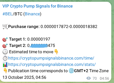 Crypto pump signal proof: Verify BEL on Binance, 13 October 2025, 06:54 Crypto pump signal proof: BEL on Binance, 13 October 2025, 06:54