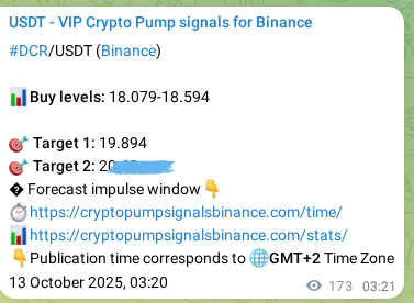 View the market signal proof for DCR pump from Binance, 13 October 2025, 08:09 Market signal proof: DCR pump from Binance, 13 October 2025, 08:09