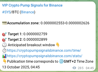 Explore the crypto trading signal verification for SYS pump on Binance, 13 October 2025, 12:40 Crypto trading signal verification: SYS pump on Binance, 13 October 2025, 12:40