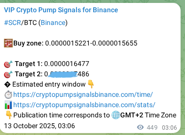 Confirm the Binance trading signal for SCR pump, 13 October 2025, 15:36 Binance trading signal confirmation for SCR pump, 13 October 2025, 15:36