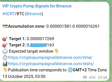 Authenticate the signal for SCRT pump on Binance at 13 October 2025, 16:01 Signal authentication: SCRT pump on Binance at 13 October 2025, 16:01