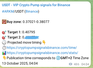 Crypto pump signal analytics for ARKM on Binance, 13 October 2025, 17:32 Crypto pump signal analytics for ARKM on Binance, 13 October 2025, 17:32