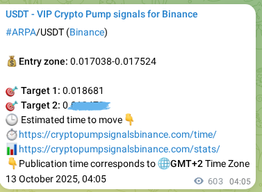 Check the pump signal proof for ARPA on Binance at 13 October 2025, 20:48 Pump signal proof for ARPA on Binance at 13 October 2025, 20:48