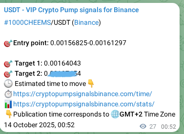 Authenticated proof of 1000CHEEMS's pump signal on Binance at 14 October 2025, 01:37