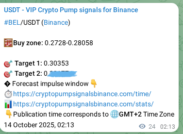Binance trading signal proof for BEL pump, 14 October 2025, 02:53