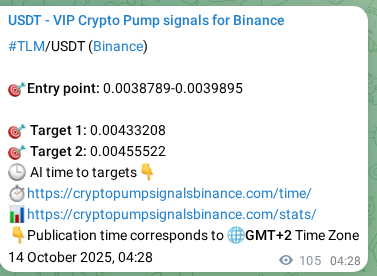 Crypto trading signal proof: TLM pump on Binance, 14 October 2025, 07:23