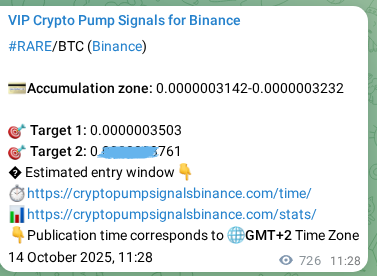 Authenticated proof of RARE's pump signal on Binance at 15 October 2025, 07:38