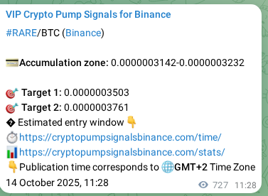 Crypto pump signal proof: RARE on Binance, 15 October 2025, 07:40