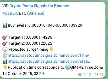 Crypto trading signal proof: CYBER pump on Binance, 15 October 2025, 10:31