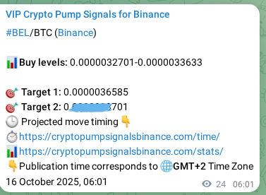 Binance pump signal proof for BEL on 16 October 2025, 06:40