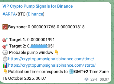 Binance trading signal proof for ARPA pump, 16 October 2025, 08:16