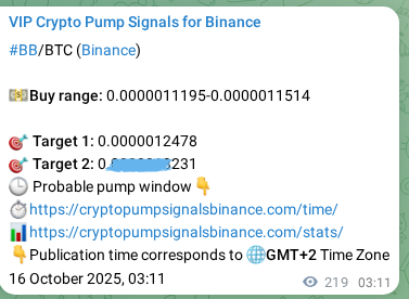 Trading signal proof: BB pump from Binance, 16 October 2025, 09:16