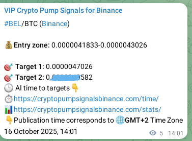 Binance pump signal data for BEL at 16 October 2025, 14:09