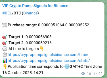Binance exchange signal proof for BEL, 16 October 2025, 14:48