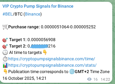 Crypto trading signal proof: BEL pump on Binance, 16 October 2025, 14:48