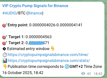 Verification image for AUDIO pump signal on Binance at 16 October 2025, 19:47