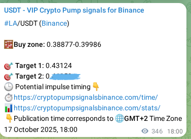 Check out the Binance pump signal proof for LA on 18 October 2025, 03:35 Binance pump signal proof for LA on 18 October 2025, 03:35